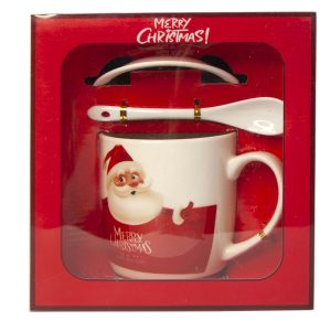 Набор Новогодний чашка с ложкой и крышкой 14292 Санта в красных рукавицах красный