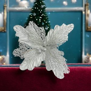 Цветок декоративный новогодний 14681 25 см серебристый